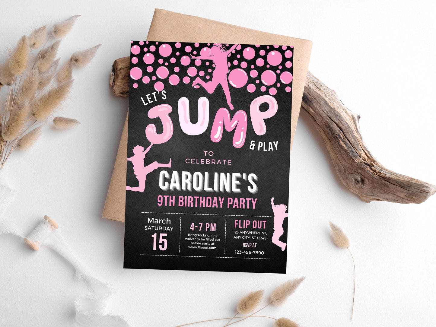 Trampoline Birthday Party Invitation, Editable Jump Template (Digital Download)
