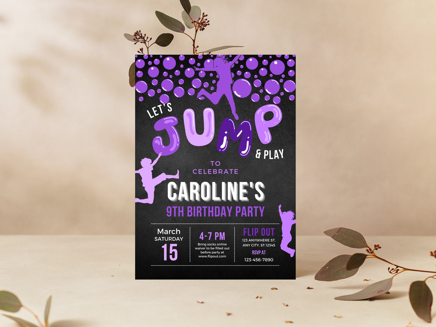 Invitation d'anniversaire sur trampoline, fête de saut tie-dye (téléchargement numérique)