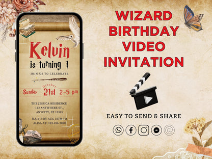 Editable Wizard Birthday Video Invitation, Magical Party Invite (Digital Download)