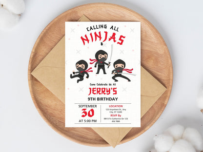 Editable Ninja Birthday Invitation, Karate Party Template (Canva)
