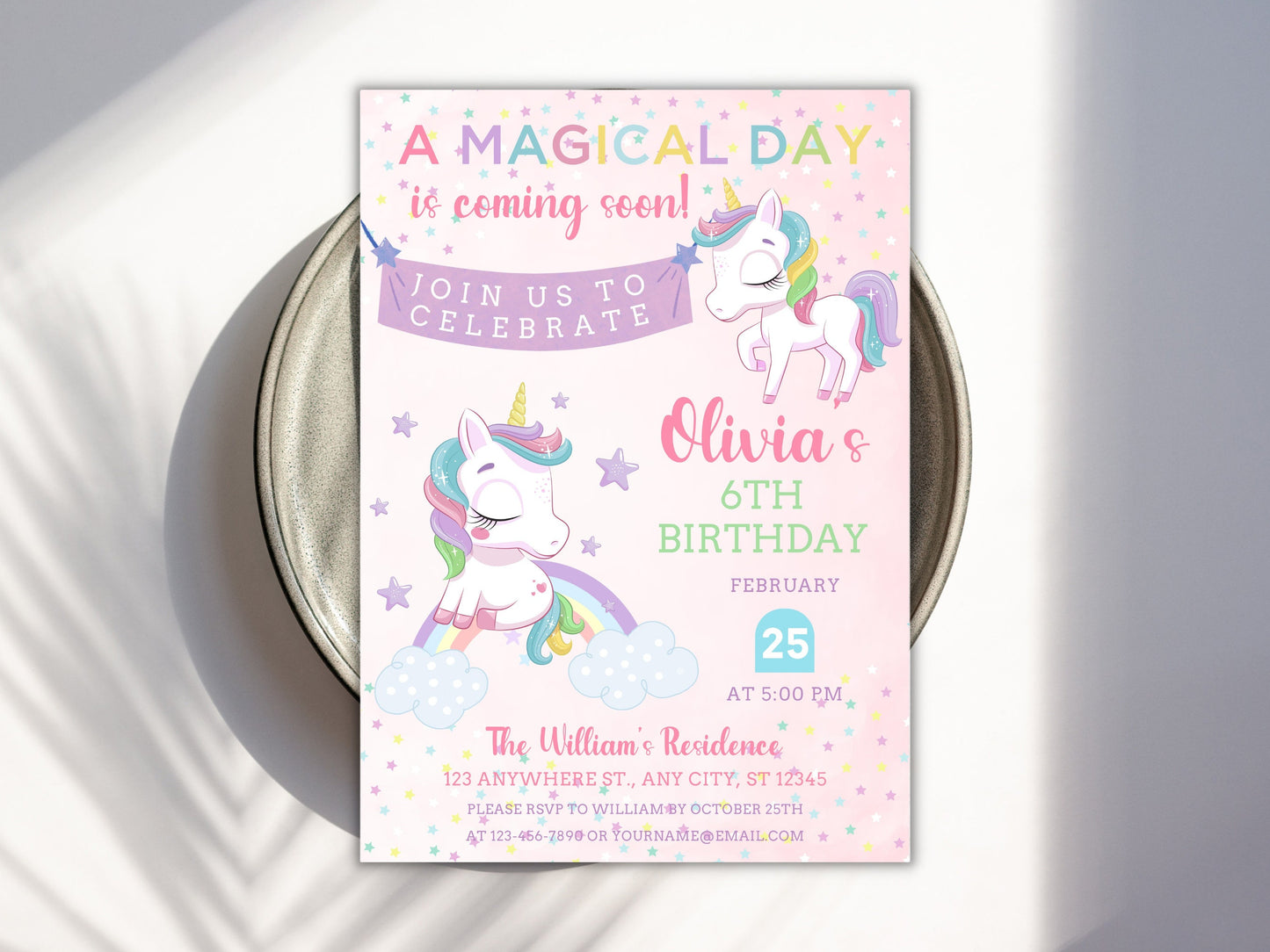 Unicorn Birthday Invitation Template, Pastel Rainbow, Editable Canva (Digital Download)