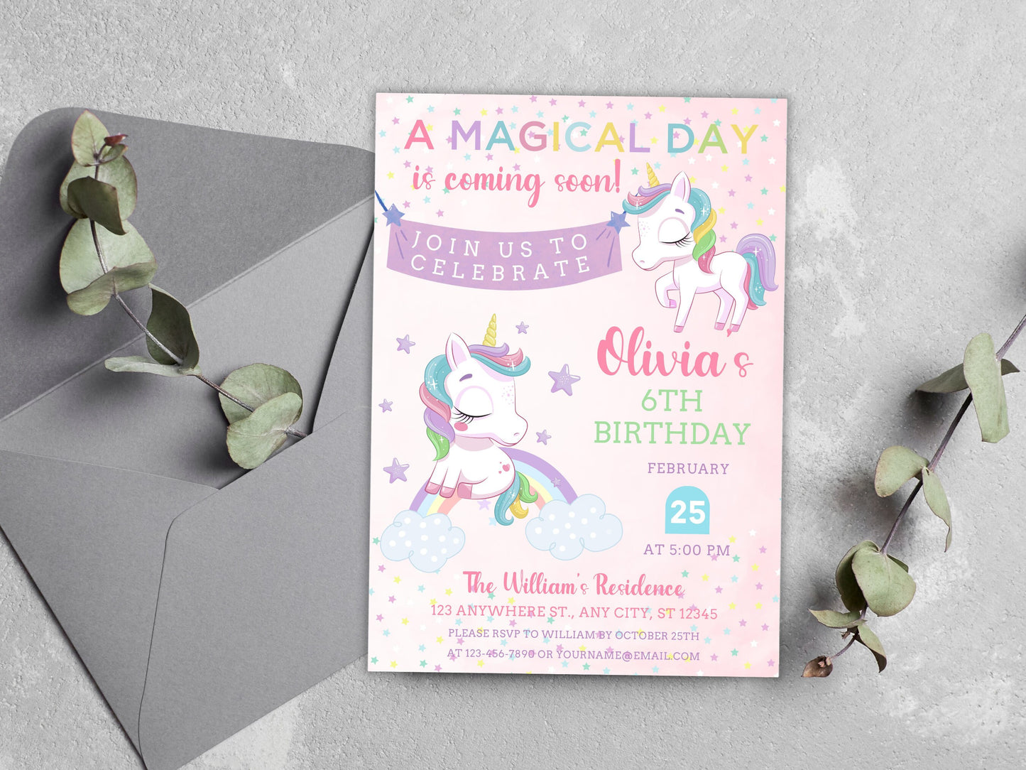 Unicorn Birthday Invitation Template, Pastel Rainbow, Editable Canva (Digital Download)