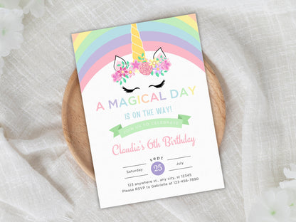 Einladungsvorlage für eine Geburtstagsfeier mit pastellfarbenem Regenbogeneinhorn (PDF)