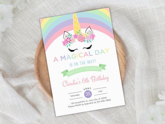 Pastel Rainbow Unicorn Birthday Invitation Template (PDF)