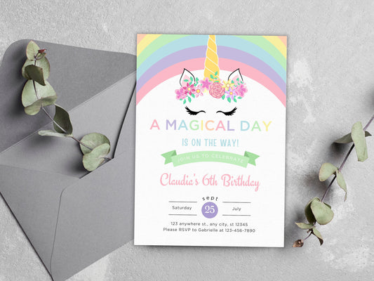 Einladungsvorlage für eine Geburtstagsfeier mit pastellfarbenem Regenbogeneinhorn (PDF)
