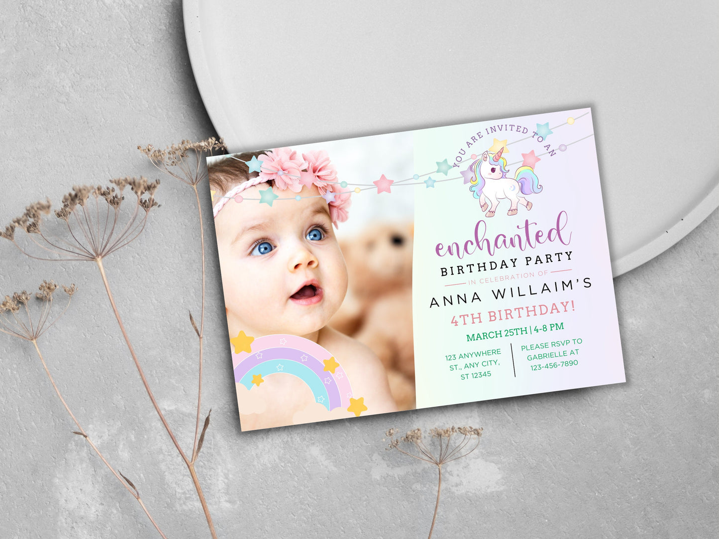 Unicorn Birthday Invitation Template, Pastel Rainbow (Digital Download)