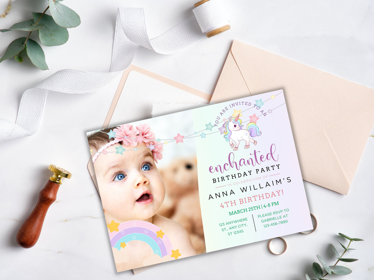 Unicorn Birthday Invitation Template, Pastel Rainbow (Digital Download)