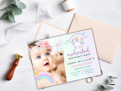 Unicorn Birthday Invitation Template, Pastel Rainbow (Digital Download)