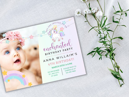 Unicorn Birthday Invitation Template, Pastel Rainbow (Digital Download)