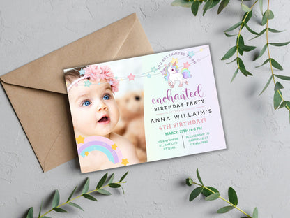 Unicorn Birthday Invitation Template, Pastel Rainbow (Digital Download)
