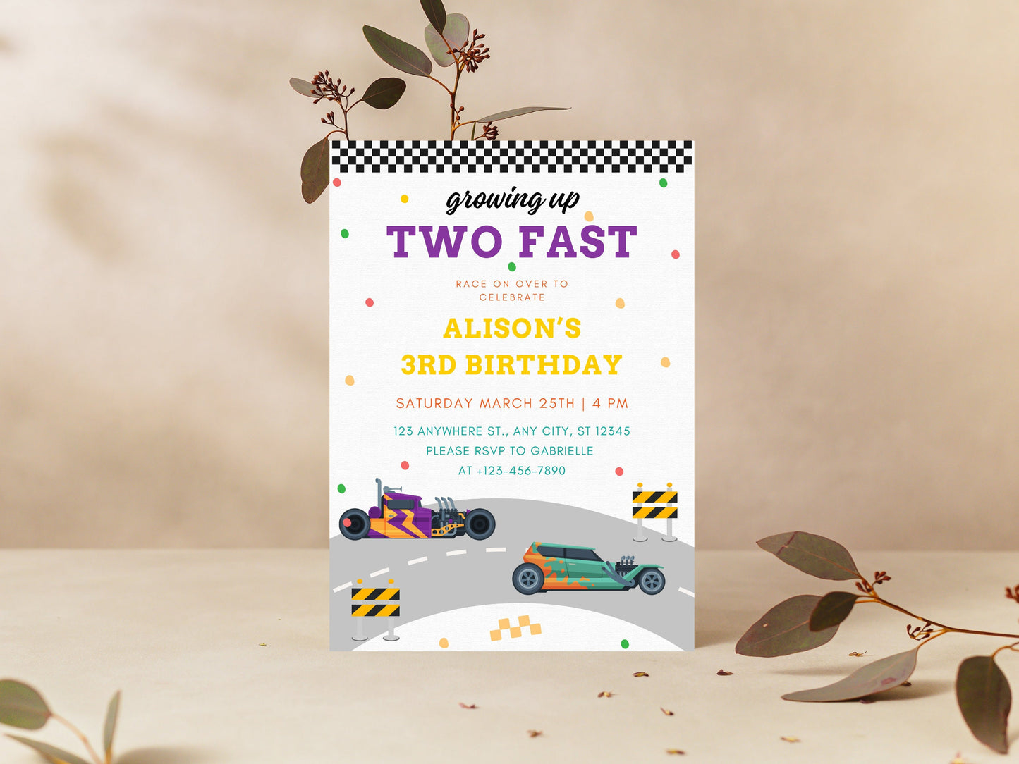Two Fast Birthday Invitation, Race Car Party, Editable Canva Template