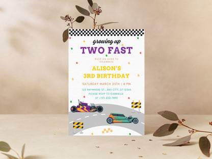 Two Fast Birthday Invitation, Race Car Party, Editable Canva Template