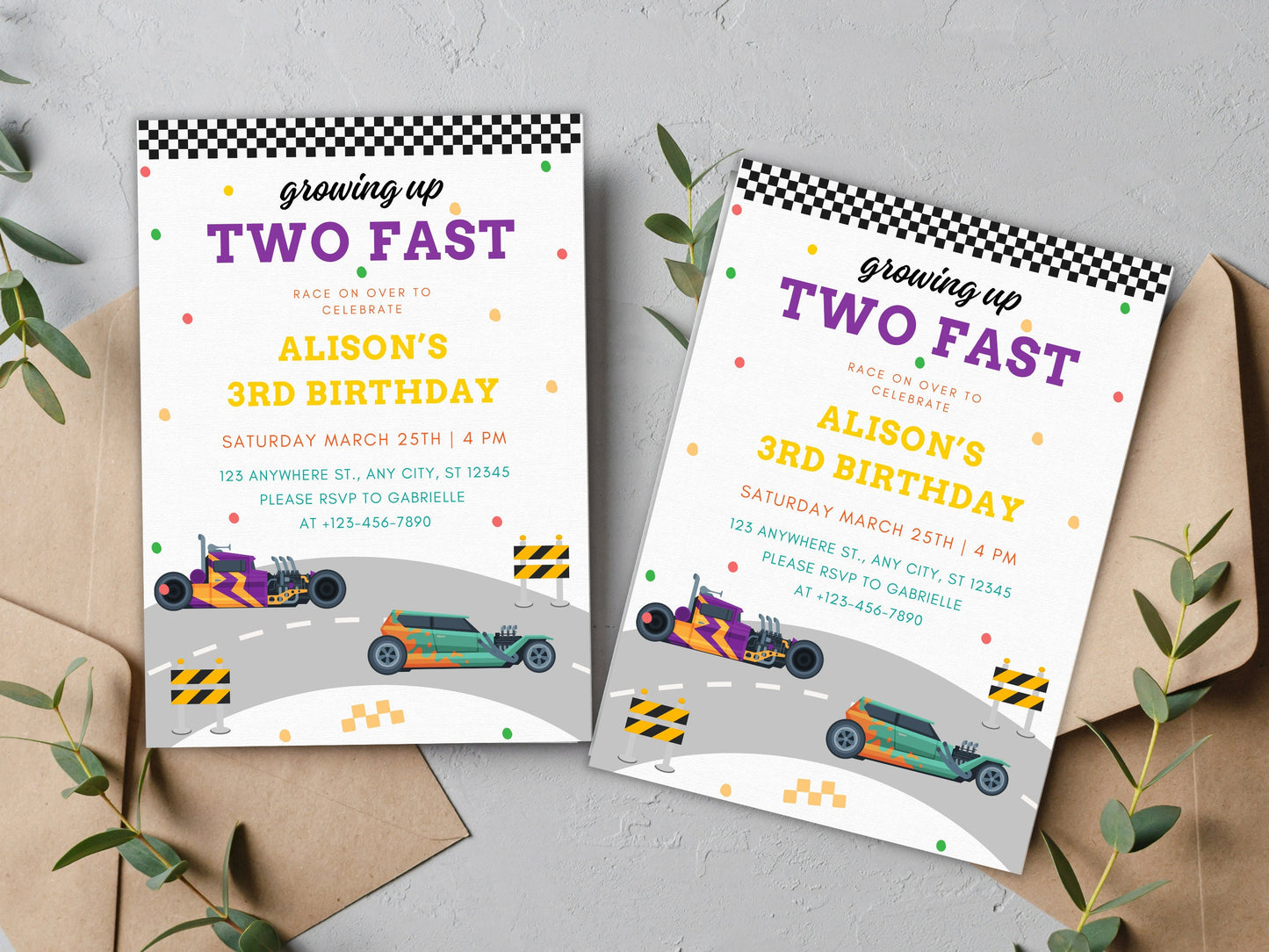 Two Fast Birthday Invitation: Race Car Party, Editable Canva Template (Digital Download)