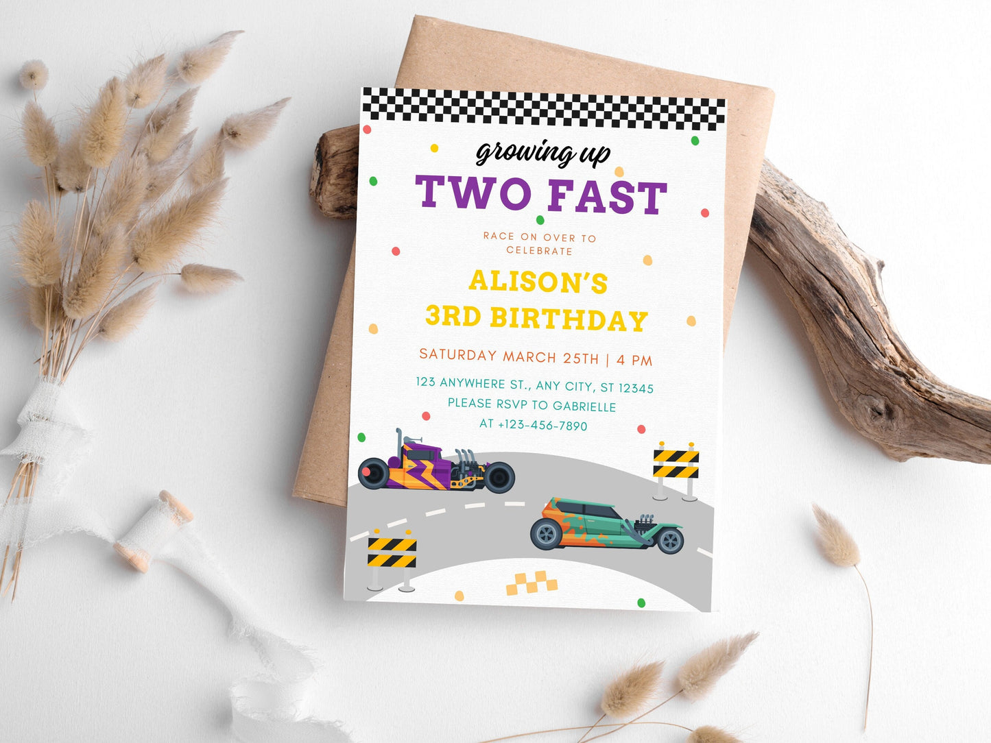 Two Fast Birthday Invitation: Race Car Party, Editable Canva Template (Digital Download)