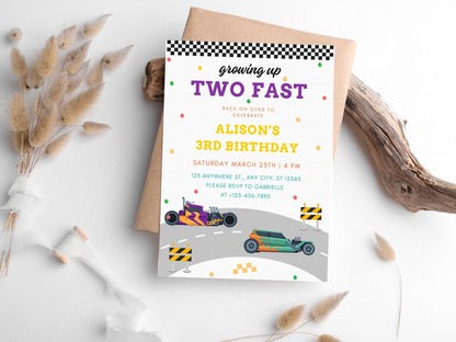 Two Fast Birthday Invitation: Race Car Party, Editable Canva Template (Digital Download)