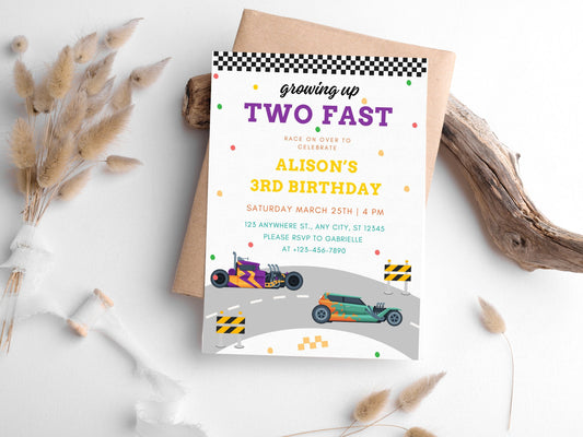 Two Fast Birthday Invitation: Race Car Party, Editable Canva Template (Digital Download)