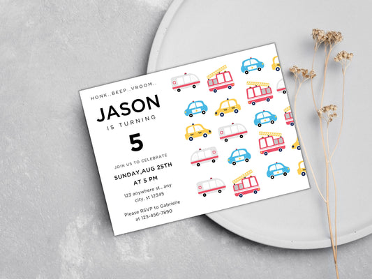 Transportation Birthday Invitation, Cars, Trucks (Digital Download)