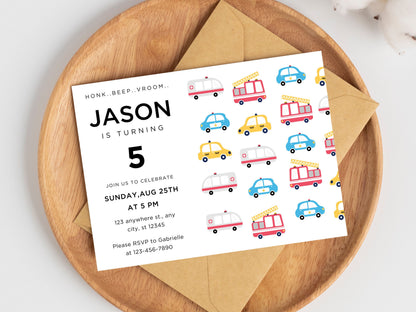 Transportation Birthday Invitation, Cars, Trucks (Digital Download)