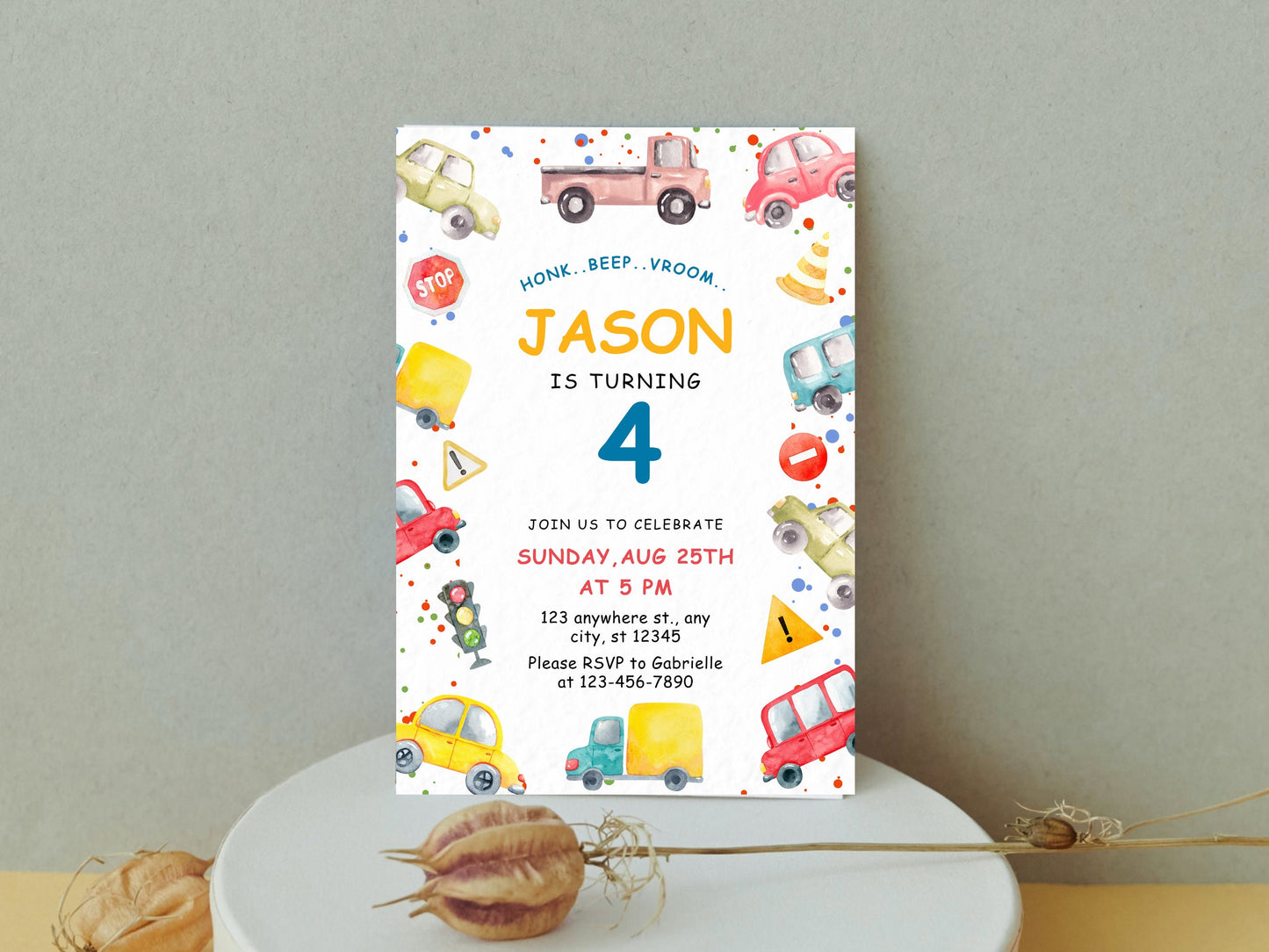Transportation Birthday Invitation, Truck, Cars (Instant Download)