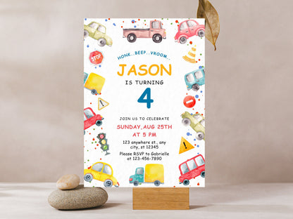 Transportation Birthday Invitation, Truck, Cars (Instant Download)