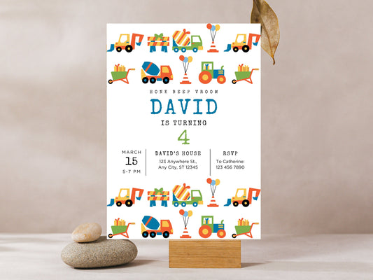 Transportation Birthday Invitation, Vehicle Truck Cars (Instant Download)