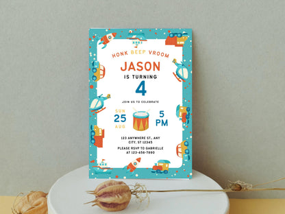 Transportation Birthday Invitation, Vehicle Theme (Digital Download)