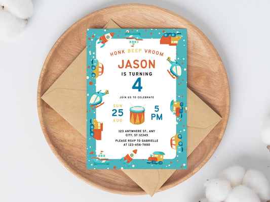 Transportation Birthday Invitation, Vehicle Theme (Digital Download)