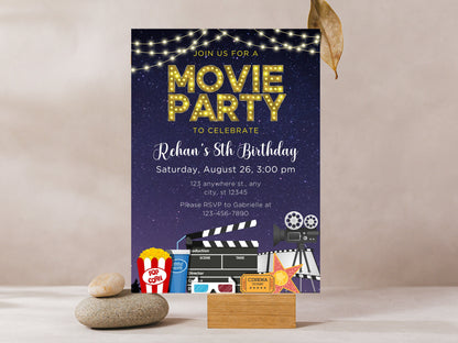 Backyard Movie Night Birthday Invitation, Editable Canva Template (Digital Download)