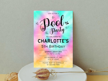 Geburtstagseinladung im Regenbogen-Tie-Dye-Stil, bearbeitbare Partyvorlage zum Ausdrucken (digitaler Download)