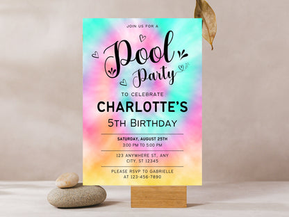 Geburtstagseinladung im Regenbogen-Tie-Dye-Stil, bearbeitbare Partyvorlage zum Ausdrucken (digitaler Download)