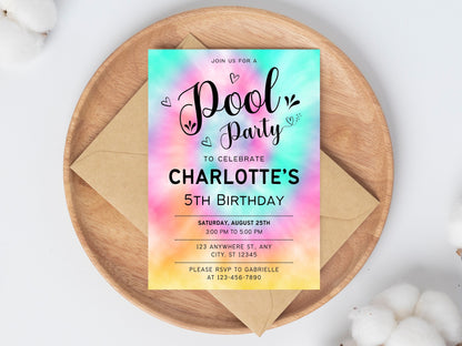 Geburtstagseinladung im Regenbogen-Tie-Dye-Stil, bearbeitbare Partyvorlage zum Ausdrucken (digitaler Download)