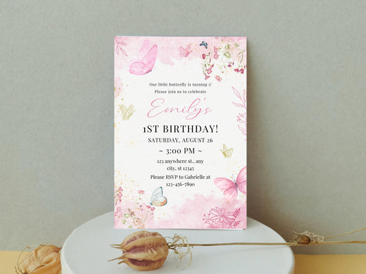 Butterfly 1st Birthday Invitation, Pink Floral Design (Digital Download)