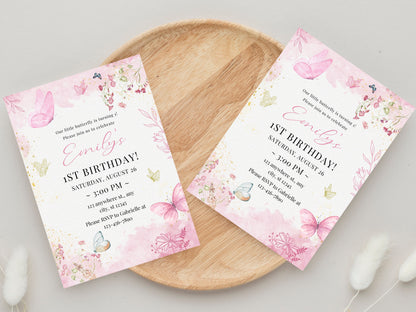 Einladung zum 1. Geburtstag mit Schmetterlingsmotiv, rosa Blumendesign (Digitaler Download)