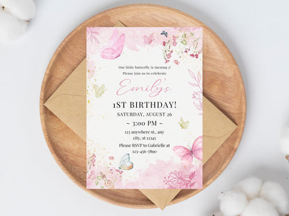 Butterfly 1st Birthday Invitation, Girl Party, Pink Floral (Digital Download)