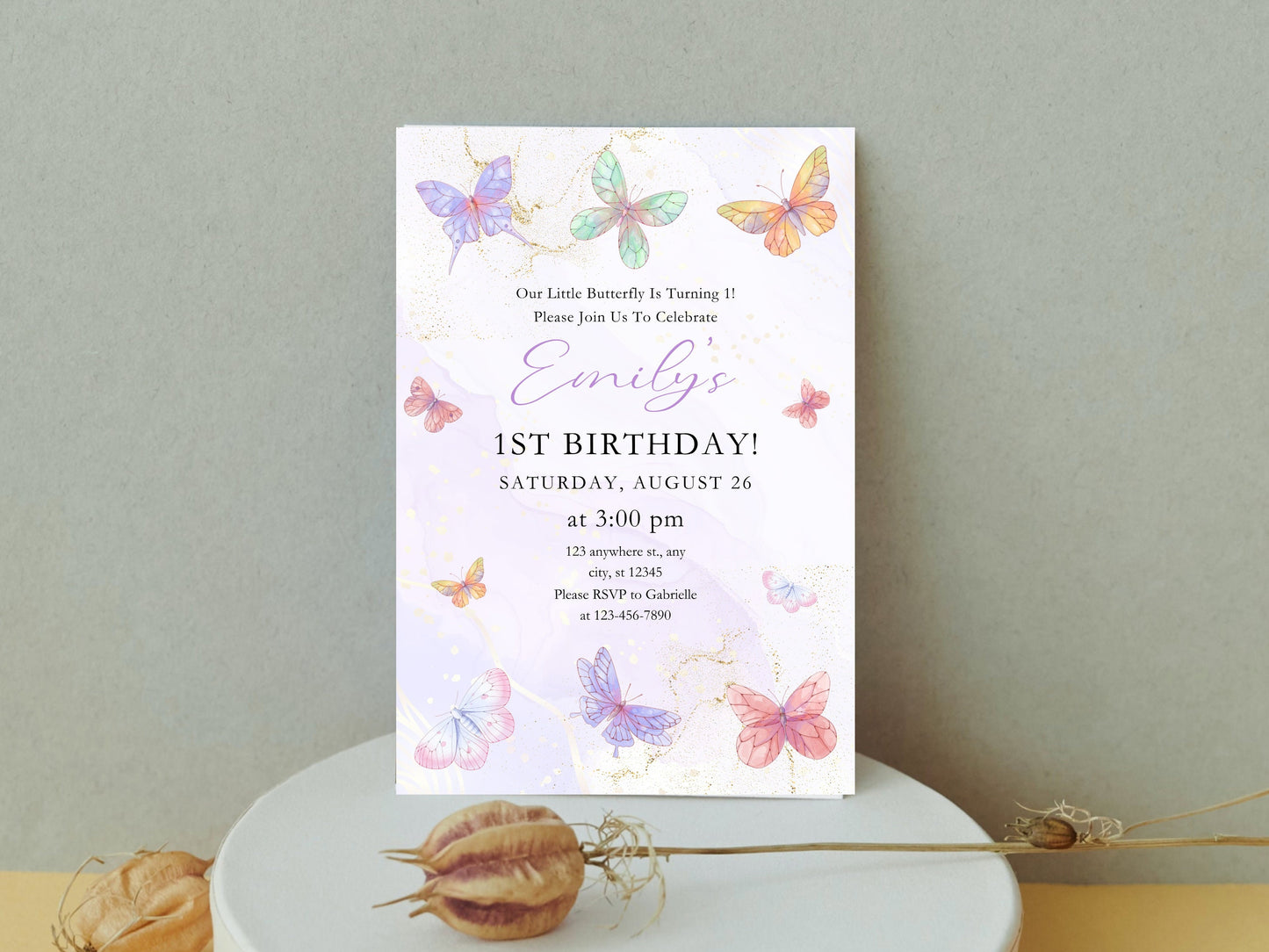 Butterfly 1st Birthday Invitation, Customizable Girl Party (Digital Download)