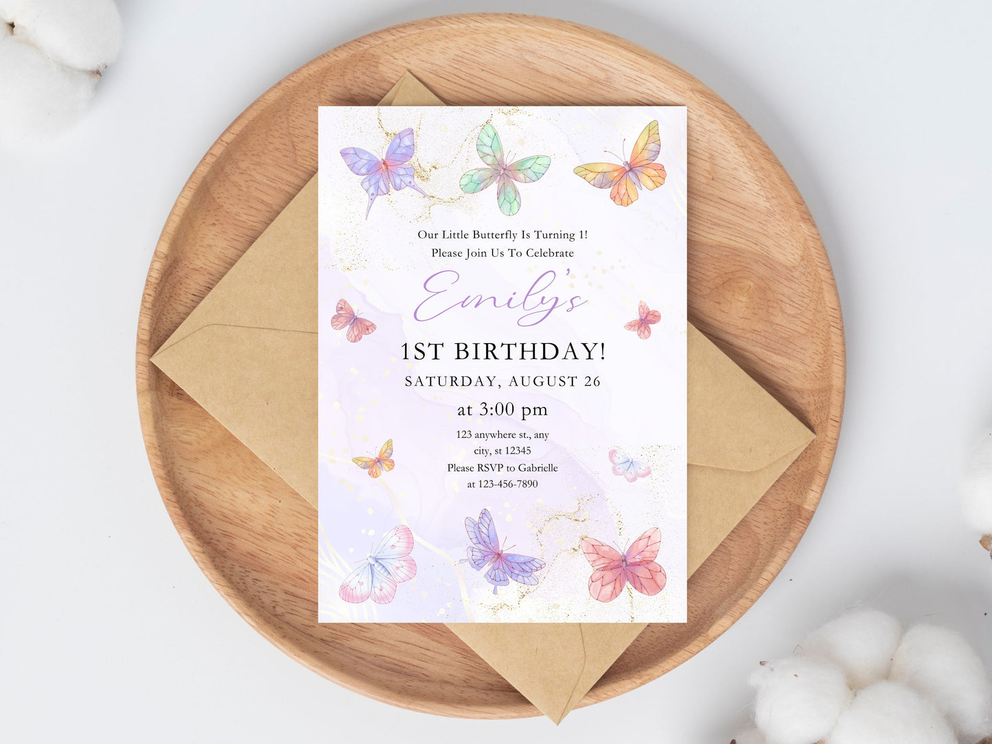 Butterfly 1st Birthday Invitation, Customizable Girl Party (Digital Download)