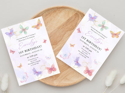Butterfly 1st Birthday Invitation, Customizable Girl Party (Digital Download)