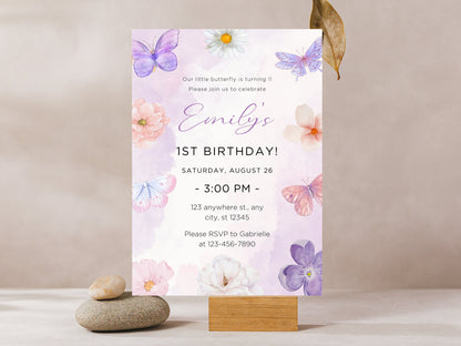 Einladung zum 1. Geburtstag mit Schmetterlingsmotiv, Mädchenparty-Einladung (Digitaler Download)