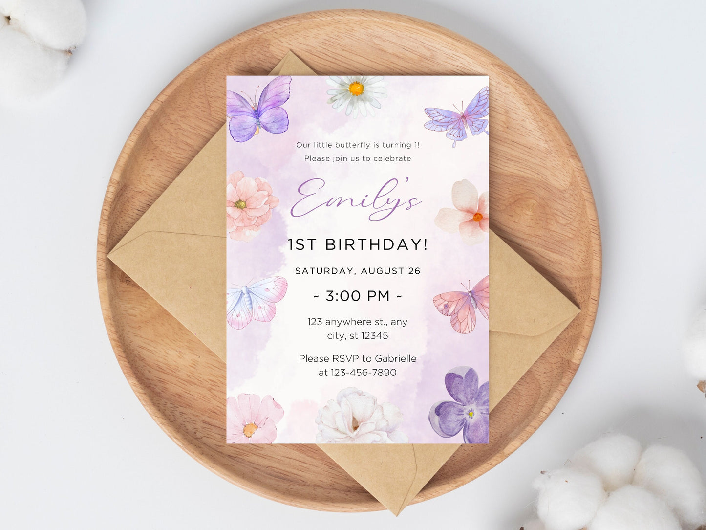 Einladung zum 1. Geburtstag mit Schmetterlingsmotiv, Mädchenparty-Einladung (Digitaler Download)