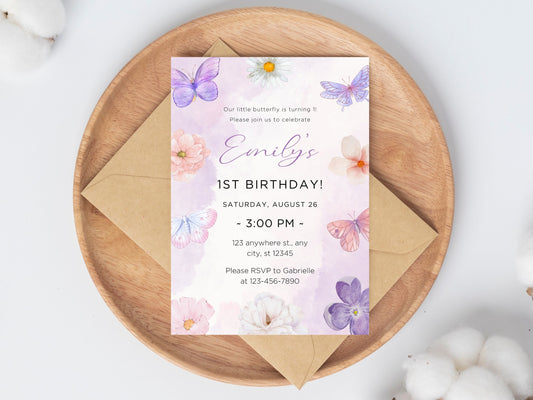 Einladung zum 1. Geburtstag mit Schmetterlingsmotiv, Mädchenparty-Einladung (Digitaler Download)