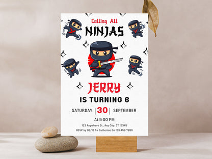 Ninja-Geburtstagseinladungsvorlage, Karate-Thema (Bearbeitbare Canva-Vorlage)