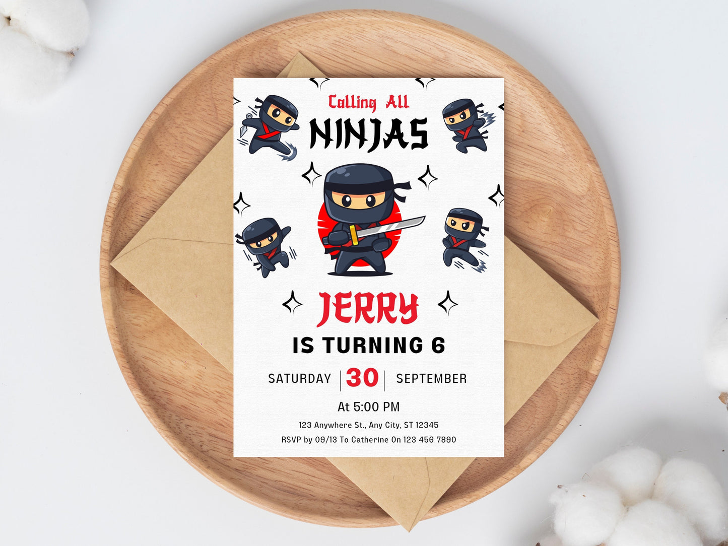 Ninja-Geburtstagseinladungsvorlage, Karate-Thema (Bearbeitbare Canva-Vorlage)