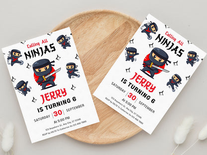Ninja-Geburtstagseinladungsvorlage, Karate-Thema (Bearbeitbare Canva-Vorlage)