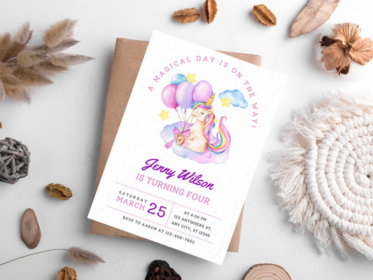 Unicorn Birthday Invitation Template, Pastel Rainbow, Magical Party (Digital Download)