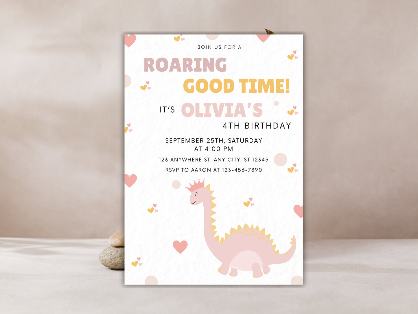 Bearbeitbare Vorlage für eine Geburtstagseinladung mit rosa Dinosauriern (Digitaler Download)