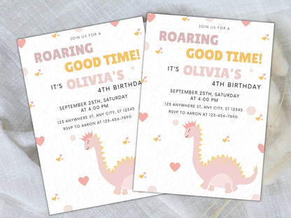 Bearbeitbare Vorlage für eine Geburtstagseinladung mit rosa Dinosauriern (Digitaler Download)