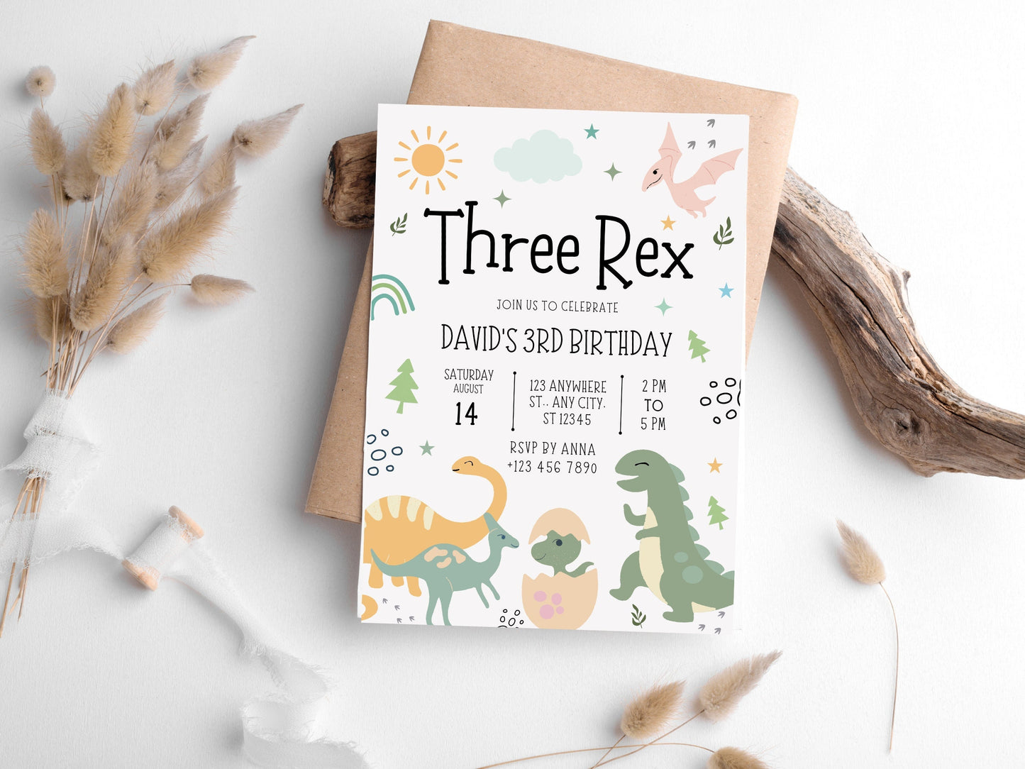 Editable Three Rex Birthday Invitation, Dinosaur Invite (Digital Download)