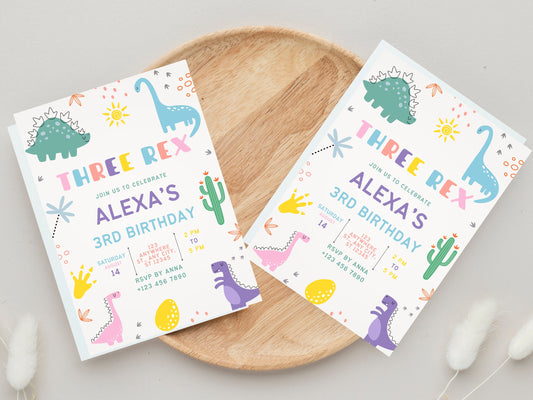 Editable Three Rex Dinosaur Birthday Invitation Template (Digital Download)