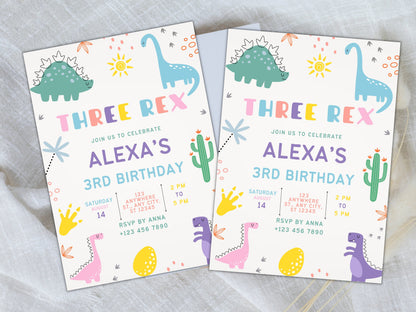 Bearbeitbare Einladungsvorlage für einen Drei-Rex-Dinosaurier-Geburtstag (Digitaler Download)