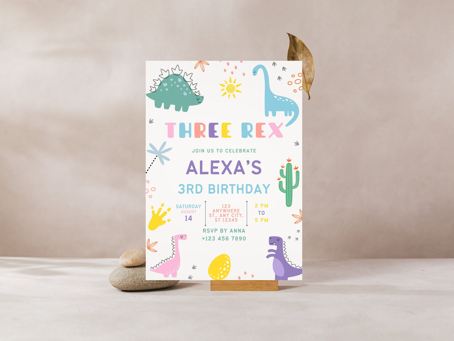 Bearbeitbare Einladungsvorlage für einen Drei-Rex-Dinosaurier-Geburtstag (Digitaler Download)